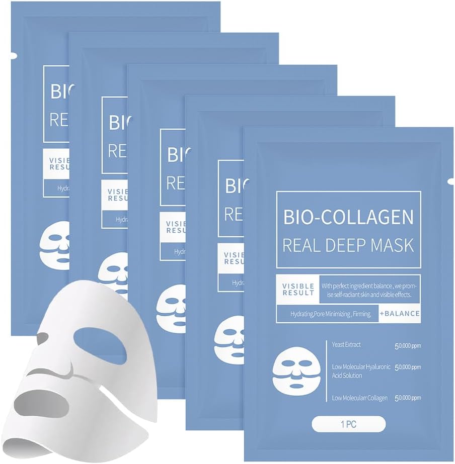 Bio-Collagen Mask, 5Pcs Mascarilla Facial Colageno, Máscara De Colágeno De Noche, Hidratación Profunda, Hidratante Collagen Real Deep Mask
