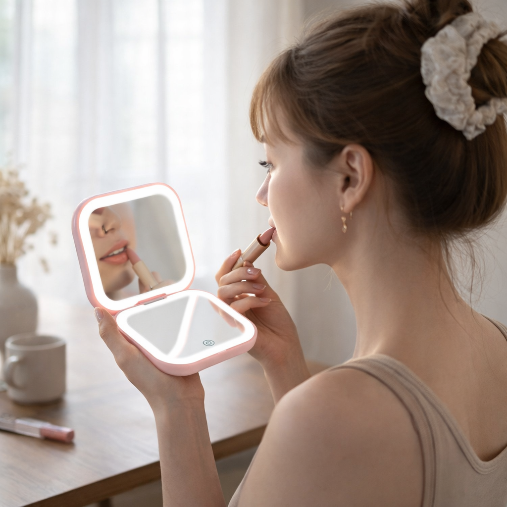 Espejo LED Portátil con Aumento 2X Compacto, Plegable y Perfecto